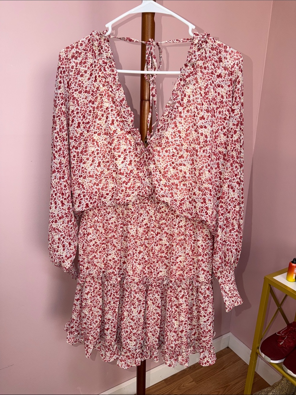 She + Sky Pink Floral V-Neck Long Sleeve Mini Dress